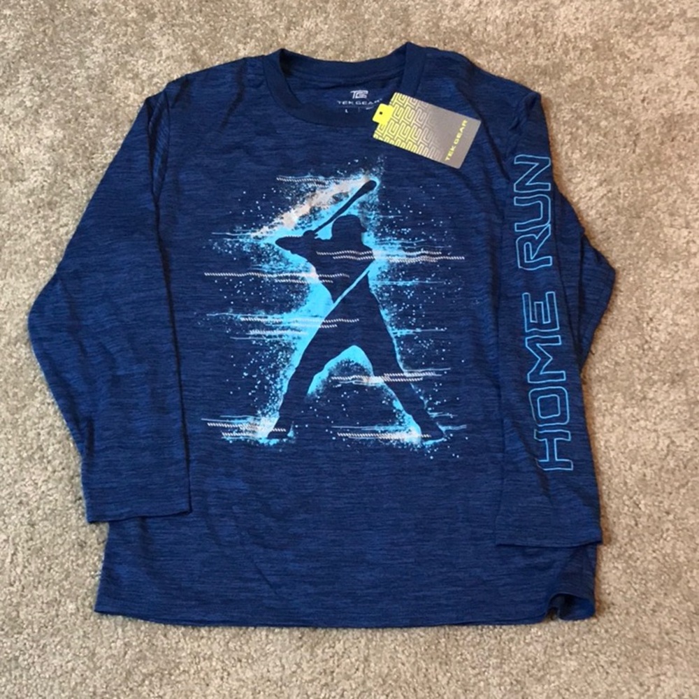 NWT Boys Tek Gear long sleeve black & blue nylon t shirt w baseball graphics - L